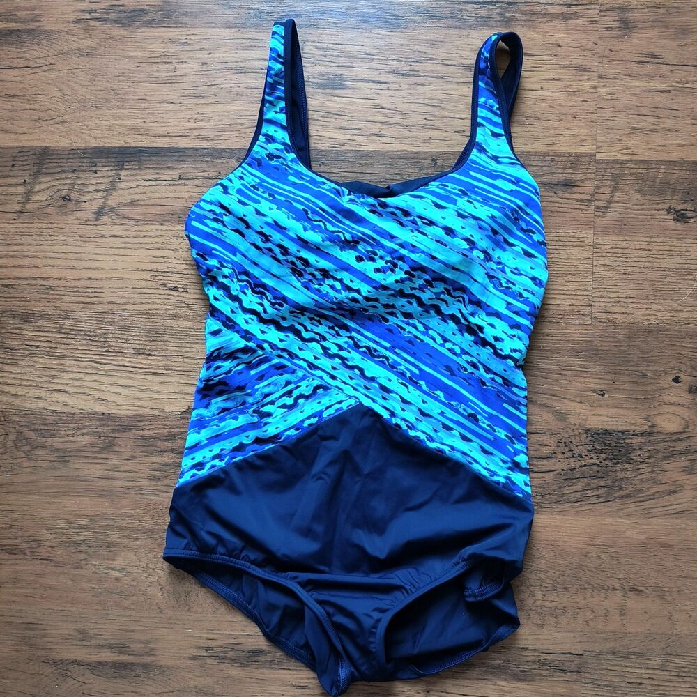 Lands' End Swimsuit One Piece Womens 14 Blue Built In Bra Pool Beach Vacation